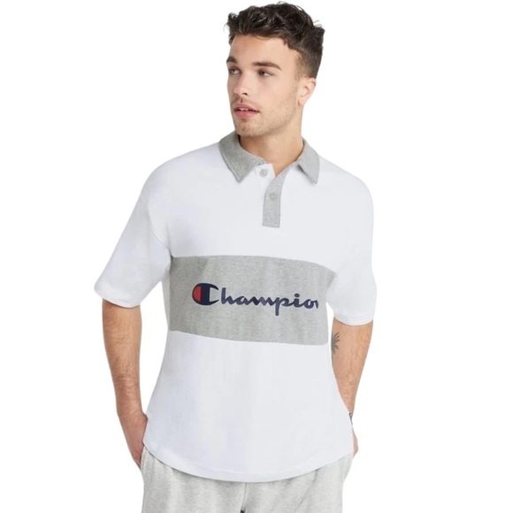 Champion Mens Rugby Polo Shirt Script Logo White Gray XL NWT - Picture 1 of 10